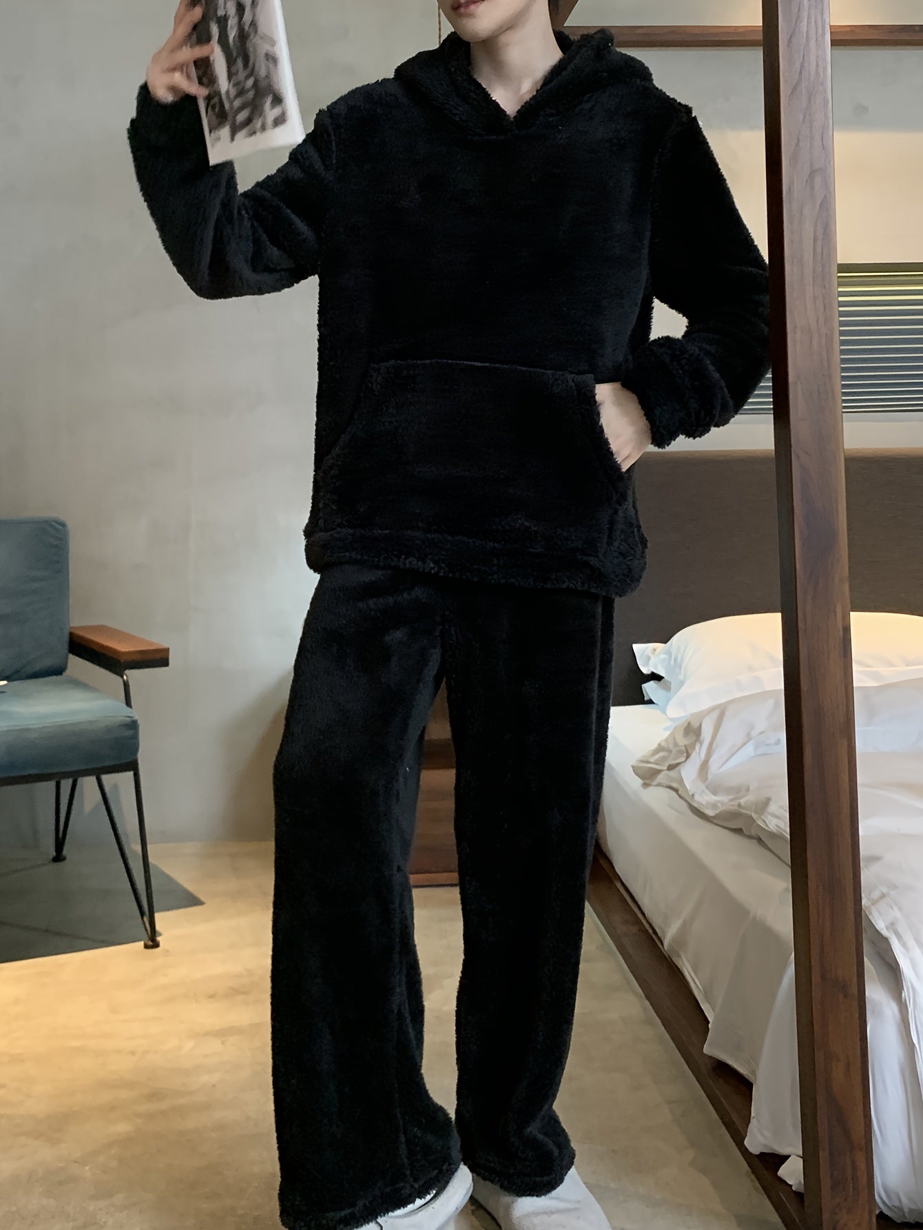 Men's Coral Velvet Pajamas Autumn and Winter Thickened Velvet Winter Hooded Flannel Warm Youth Pajama Set