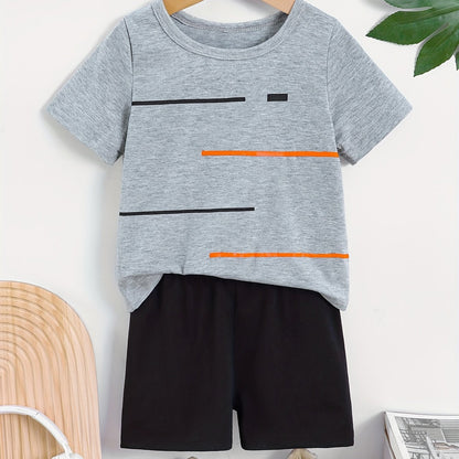 2pcs Set of Boys' Summer Striped Print Round Neck Short Sleeve T-shirt and Casual Shorts