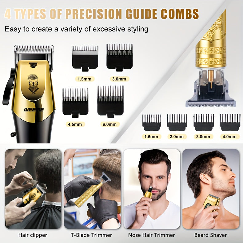 WEEME 4pcs Men'S Golden Electric Hairdresser Set, Household Beard Building Kit. Electric Hair Clipper + Electric Shaver + Electric Nose Hair Trimmer + Fine Trimmer. Used for Home, Car and Travel. Gifts for Fathers, Husbands,