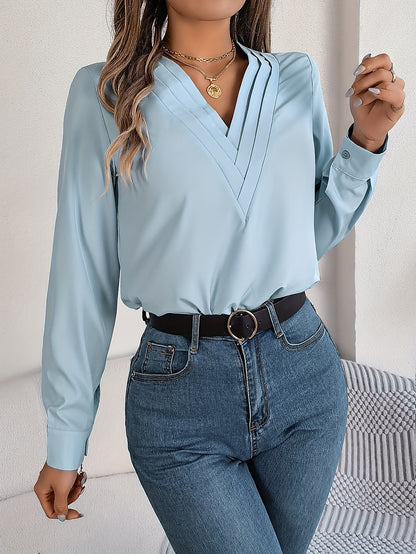 Women'S Elegant V-Neck Long Sleeve Shirt, Solid Color Polyester Blouse with Triple V-Cut, 95% Polyester 5% Elastane, Woven Fabric, 120g/m², for Spring/Summer/Fall - Adult