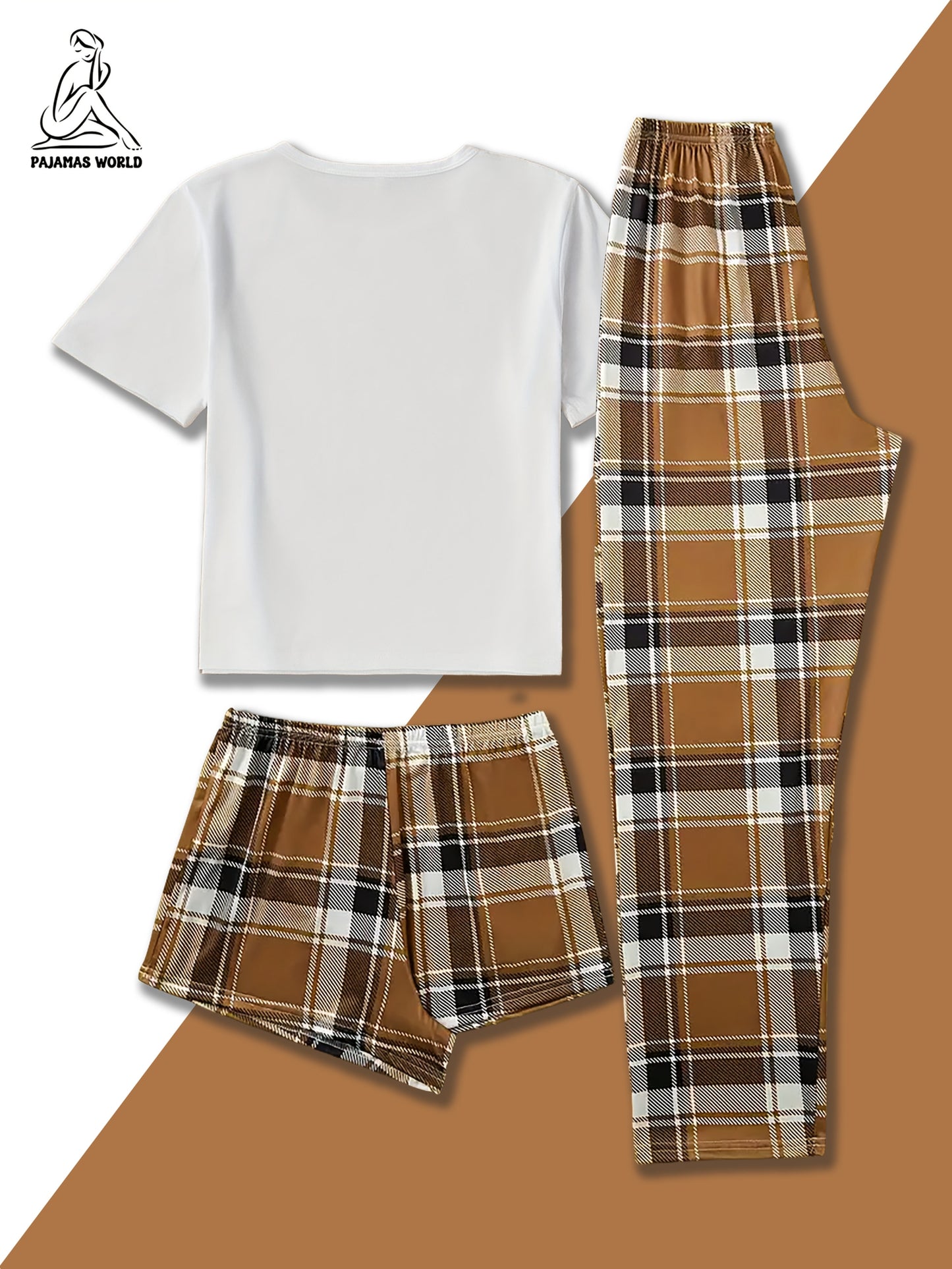 Conjunto de pijama casual para mulher com estampado de urso e xadrez - Blusa de manga curta macia e larga com cintura elástica, calças compridas e calções, roupa de dormir aconchegante para o outono/inverno