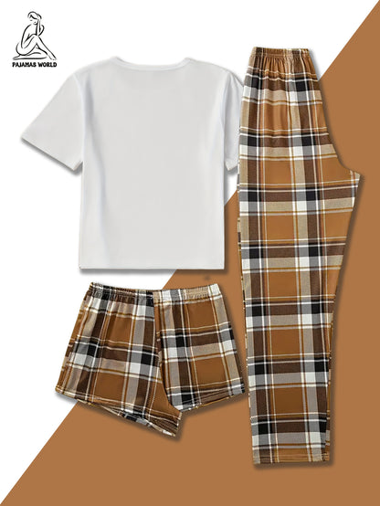 Conjunto de pijama casual para mulher com estampado de urso e xadrez - Blusa de manga curta macia e larga com cintura elástica, calças compridas e calções, roupa de dormir aconchegante para o outono/inverno