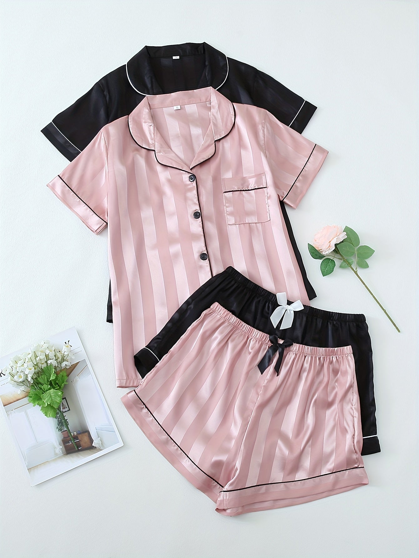 2 Sets Women's Striped Satin Casual Pajama Set, Short Sleeve Buttons Lapel Top & Shorts, Comfortable Relaxed Fit