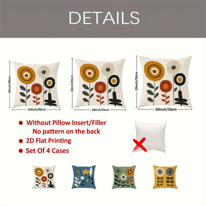4pcs Vibrant Floral Plush Pillow Covers - Modern Abstract Design in Yellow, Blue, Green with Daisies & Vases, Soft & Cozy Decorative Cushion Cases for Living Room, Bedroom, Sofa - Machine Washable, Zipper Closure, No Inserts,