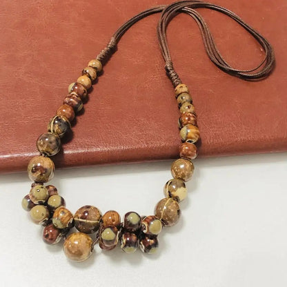 Handwoven Bohemian Women's Necklace - Marbled Ceramic Beads in Earthy Brown/Green/Blue/Golden/Black, Chunky Multi-Color Large Bead Statement Jewelry, Year-Round Versatile Boho-Chic Accessory for Daily Wear & Special Occasions