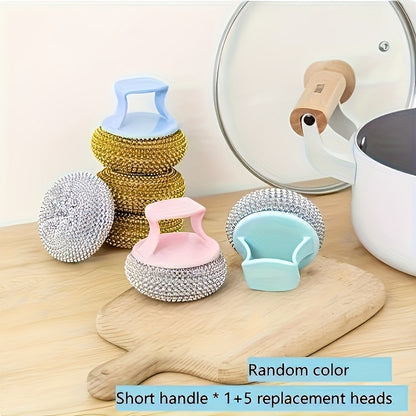 1pc Stainless steel cleaning brush with ergonomic handle - Reusable scouring ball, suitable for pots, kitchens, bathrooms, floors and outdoor use - Durable plastic and metal bristles, 1-4pcs, multi-functional scouring ball