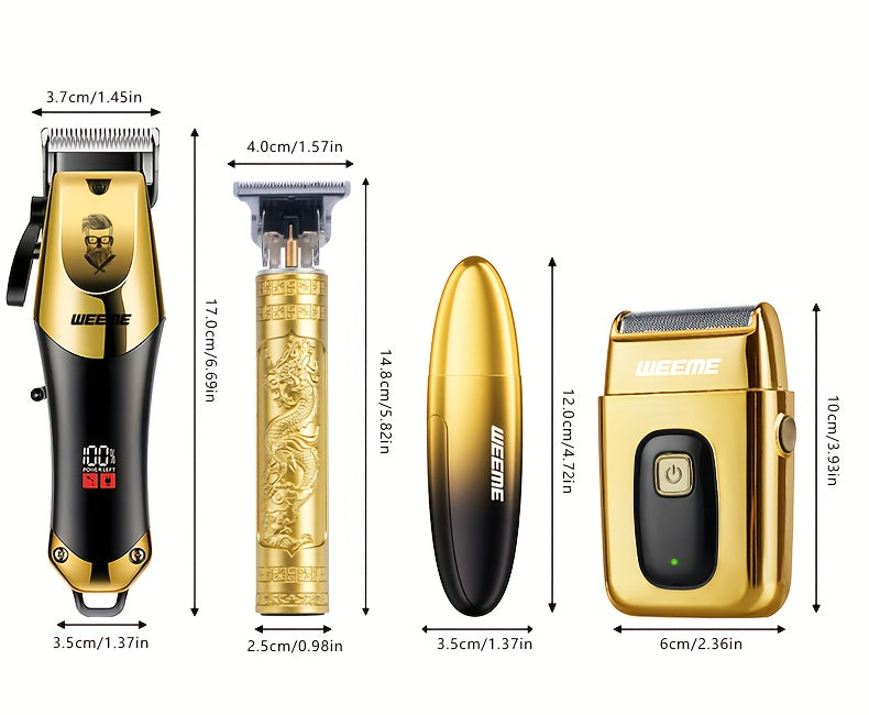 WEEME 4pcs Men'S Golden Electric Hairdresser Set, Household Beard Building Kit. Electric Hair Clipper + Electric Shaver + Electric Nose Hair Trimmer + Fine Trimmer. Used for Home, Car and Travel. Gifts for Fathers, Husbands,
