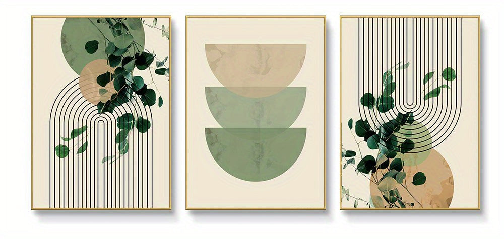 3pcs Boho Green Plant Eucalyptus Leaf Geometry Graphic Art Poster - Retro Canvas Print For Modern Wall Decor In Living Room And Home