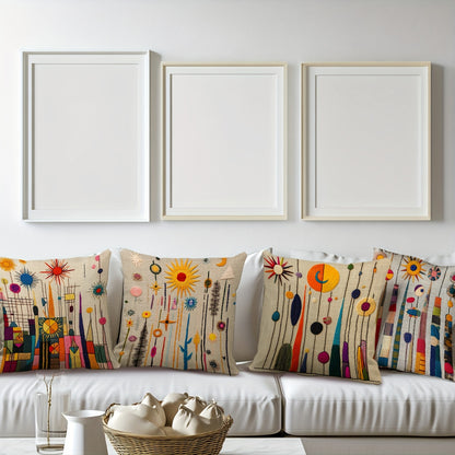 2D printing, 4pcs, abstract pillow set, with beige as the base, featuring elements such as sun and geometric shapes, full of artistic sense, not real embroidery. 45.72*45.72cm, home decoration, suitable for sofas, living rooms