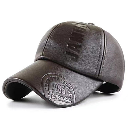 Men's High Quality PU Leather Baseball Cap with Adjustable Snap Closure - Embossed Vintage 1993 JAM Design, Black Casual Hat for Christmas & Outdoor Activities, Adjustable Baseball Cap