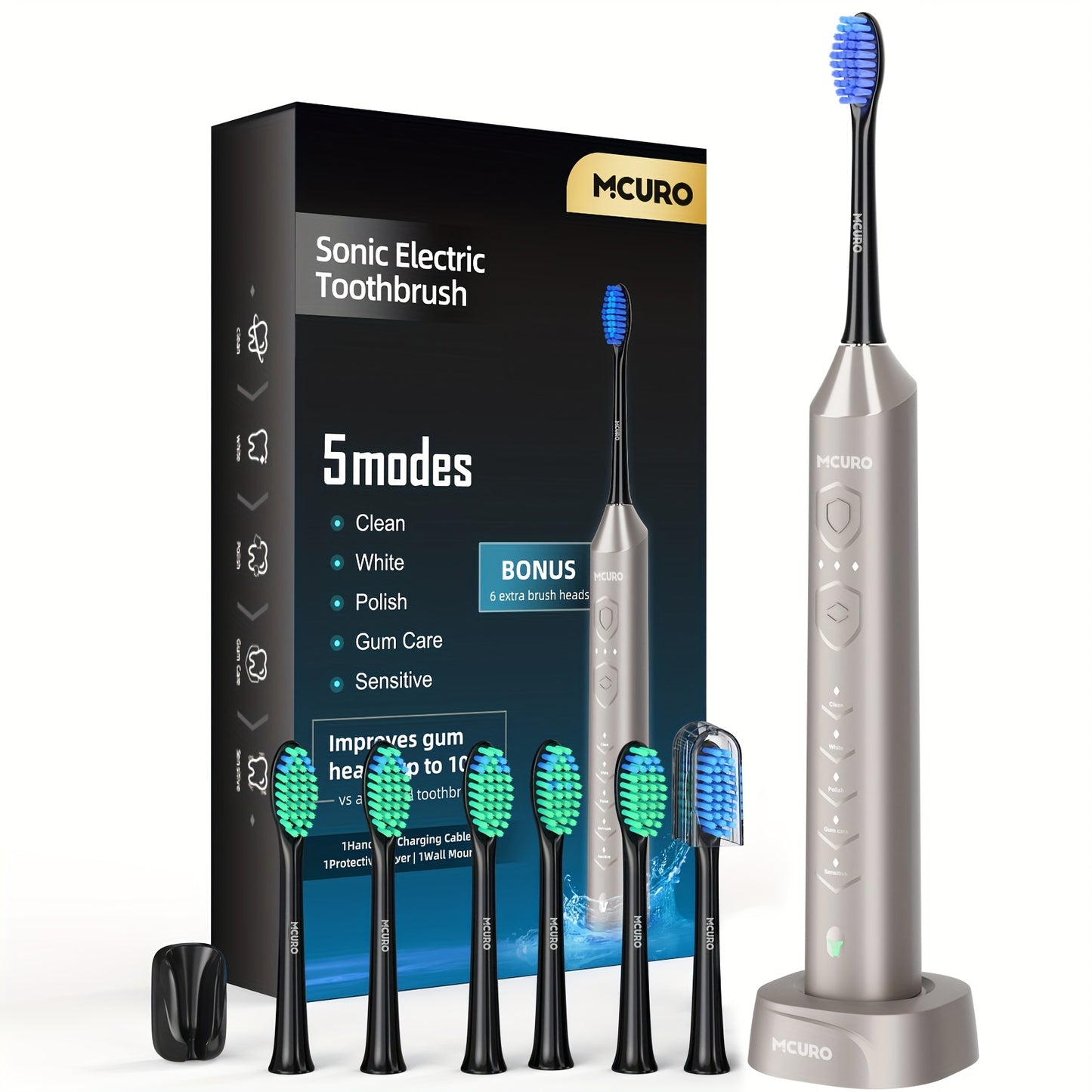 Sonic Electric Toothbrush Rechargeable Electric Toothbrush, Deep Cleaning with 5 Modes, 6 Replacement Brush Heads, Equipped with USB Stand Charging, Portable, Suitable for Travel, Dormitory, Gift, Black, Pink, Blue, Gift for