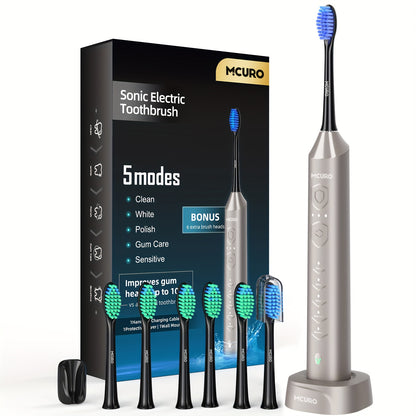Sonic Electric Toothbrush Rechargeable Electric Toothbrush, Deep Cleaning with 5 Modes, 6 Replacement Brush Heads, Equipped with USB Stand Charging, Portable, Suitable for Travel, Dormitory, Gift, Black, Pink, Blue, Gift for