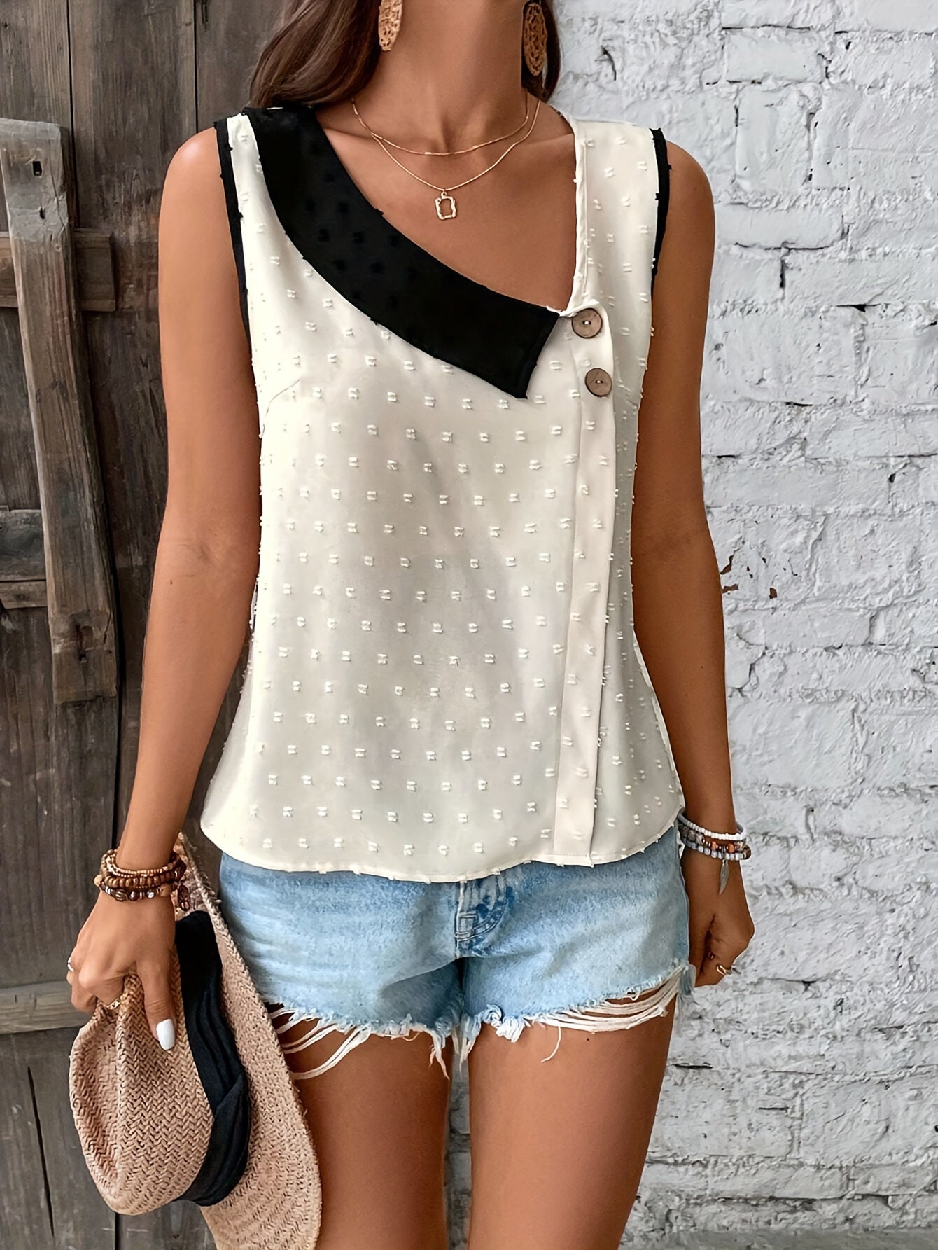 Contrast Trim Swiss Dot Blouse, Casual Sleeveless Asymmetrical Neck Button Decor Blouse For Summer, Women's Clothing