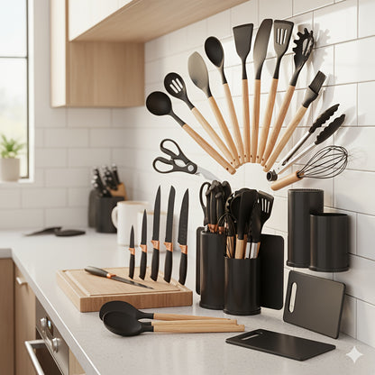 19pcs Black Silicone Kitchen Set, Non-Slip, Heat-Resistant, Durable & Easy-Clean Tools for Cooking, Baking, And Food Preparation, Perfect for Professional And Home Kitchens, Safe for Non-Stick Cookware, Long-Lasting And Pract