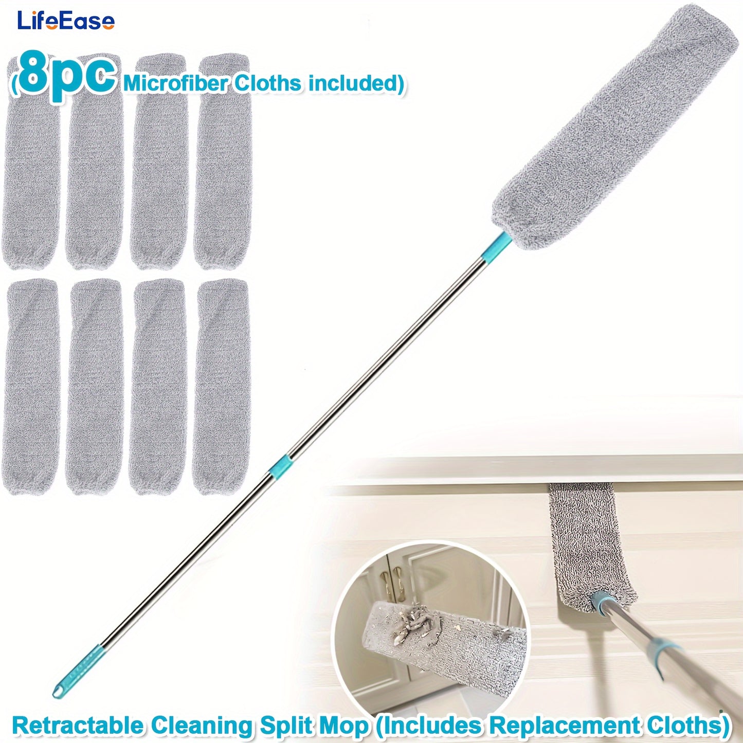 Extended Retractable Dusting Split Mop with 4/6/8/12 Microfiber Dusting Cloths, Underbed Cleaning, for sweeping dust, wiping crevices of sofas, Extended mop for mopping under beds, home cleaning, cleaning tools for the school