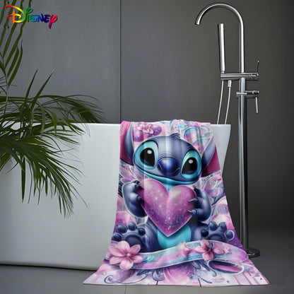 1pc Stitch Beach Towel - Large, Soft Polyester Microfiber Beach Mat with Cute Blue Alien Holding Pink Heart Design, Floral & Heart Patterns, Absorbent & Quick-Dry, Perfect for Yoga, Swimming, Travel, and More - Beach Accessor