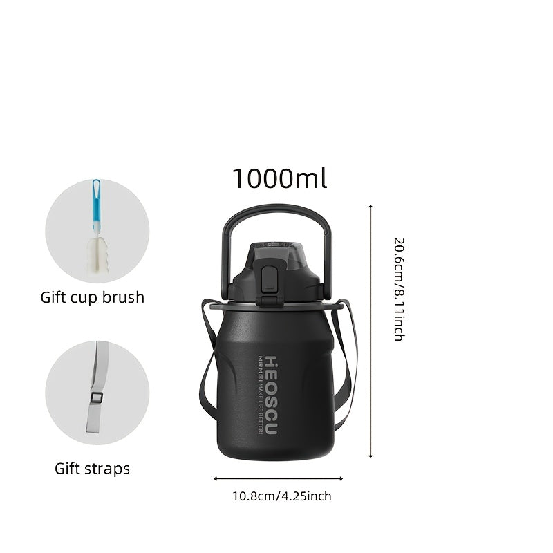 Garrafa térmica em aço inoxidável, mantém a temperatura quente ou fria durante 24 horas, com palhinha e pega/correia, caneca térmica de viagem com parede dupla, livre de BPA.