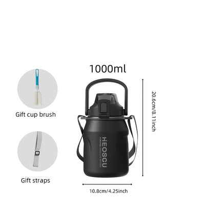 Garrafa térmica em aço inoxidável, mantém a temperatura quente ou fria durante 24 horas, com palhinha e pega/correia, caneca térmica de viagem com parede dupla, livre de BPA.