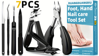 7pcs Stainless Steel Nail Care Kit for Ingrown & Thick Toenails - Heavy-Duty Clippers Set with Nail File, Cuticle Nippers, And Grooming Tools - Classic Black Handles for Men, Women, Seniors, Halloween Gift, DUANGDUANGBIU