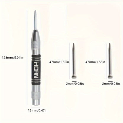 KeraForm Automatic Center Punch with 2 Extra Tips - 5-Inch Heavy Duty Steel Spring Loaded Punching Tool, Adjustable Tension, Rust Resistant, Polished Finish, Round Head for Metal, Wood, Glass - Iron Material