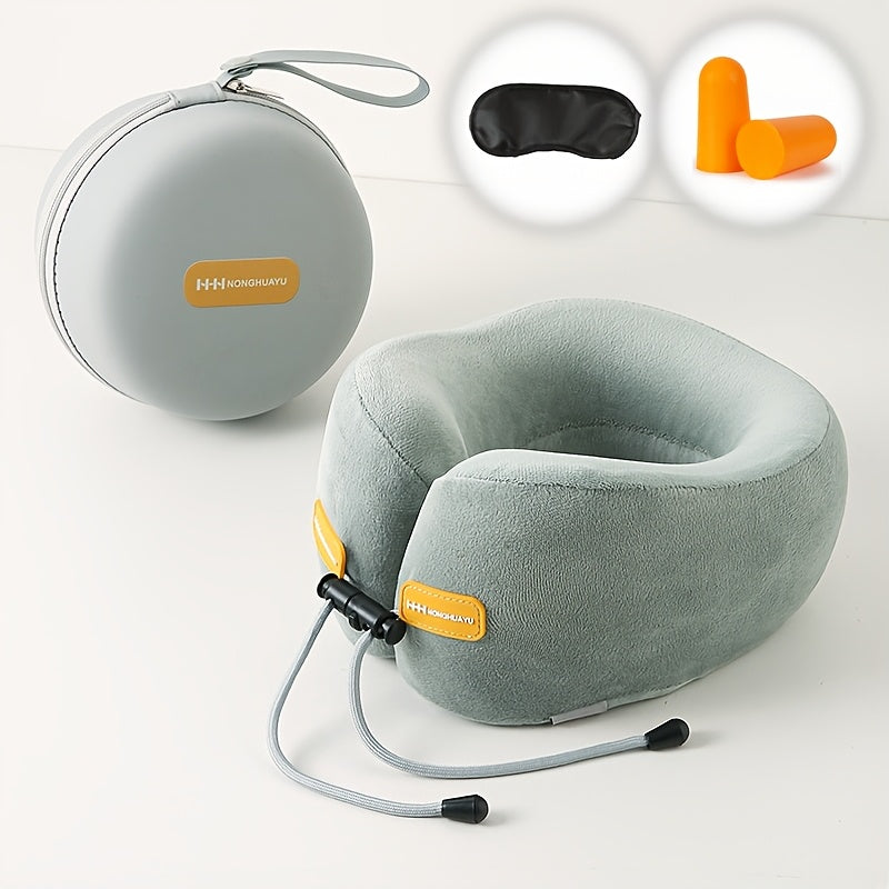 Polyurethane Foam Travel Neck Pillow - Ergonomic U-Shaped Contour Design with Adjustable Strap & 3 Fluffy Earplugs, Medium-Soft Grey Flannel Cover for Airplane, Car, Office & Home Use, Neck Pillow for Travel for Plane, Car Sl