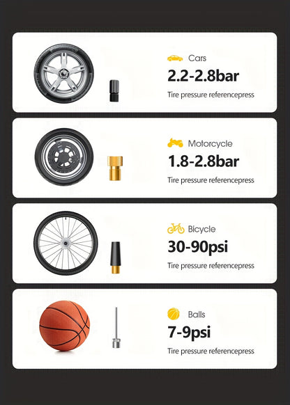 Inflador de pneus digital CaRSun, bomba de ar portátil com luz LED para automóveis, motos e bicicletas - DC 12V, 150 PSI, design preto e amarelo, alimentação por ficha, sem necessidade de bateria, insuflador de pneus de bicicleta | Porta elegante