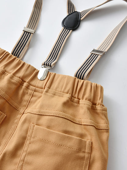 Baby Boy's Gentleman Outfit Long Sleeve Button Bowtie Plaid Shirt & Suspender Pants Set For Daily & Outdoor Wear