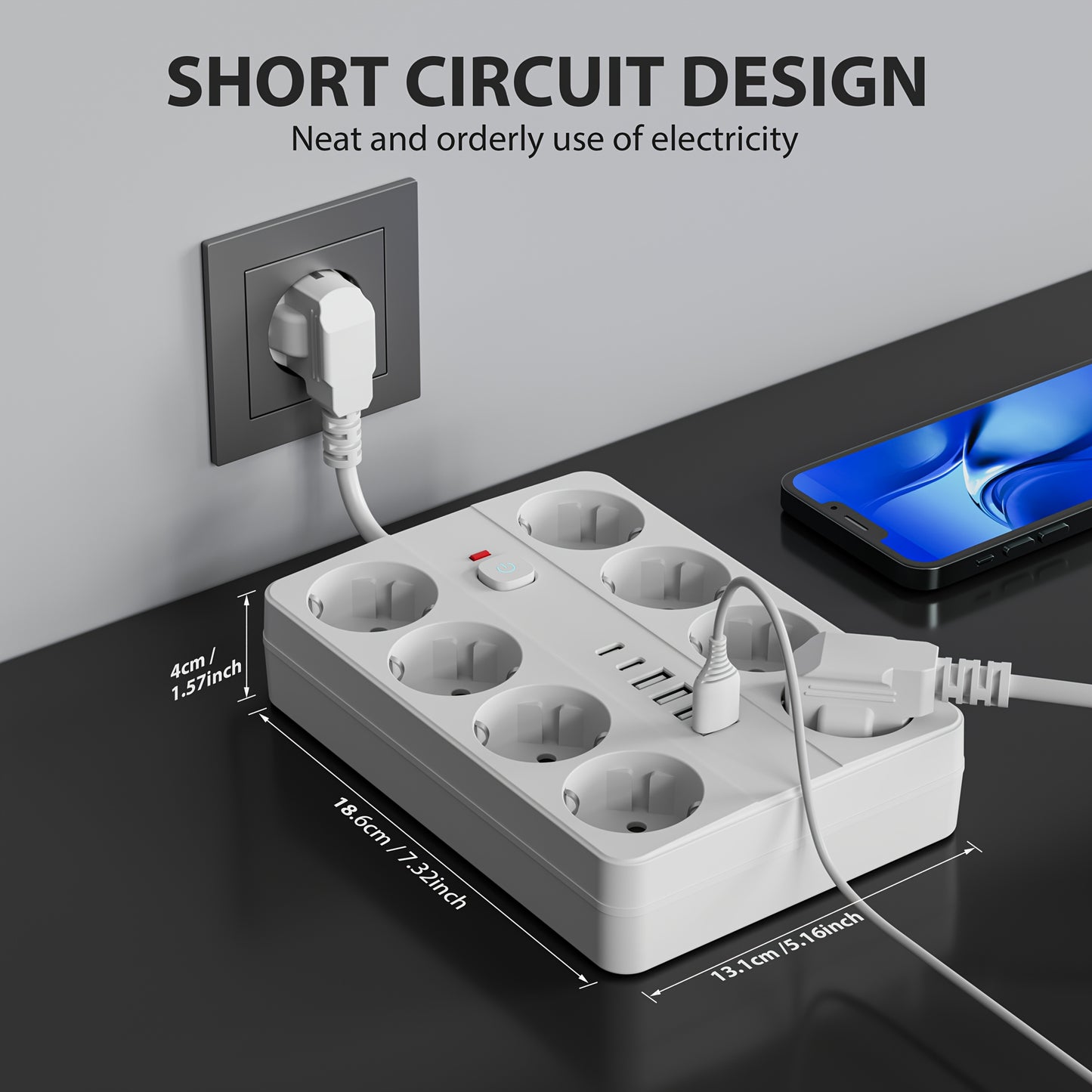 1pc Surge Protector Power Strip - 8 AC Outlets, 4 USB-A & 2 USB-C Ports, Overload Protection, Compact Design for Home, Office, Travel, Dorm Room Use, Office Power Supply, Modern Outlet Design, Surge Protection Device