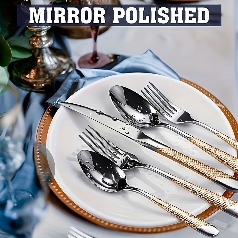 20/40-piece silverware cutlery set, textured hammer handle, durable cutlery including spoons, forks, knives, high-quality mirror-polished stainless steel, dishwasher safe, suitable for home kitchens, restaurants, hotels, and parties.