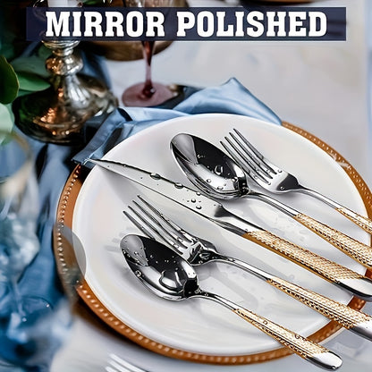20/40-piece silverware cutlery set, textured hammer handle, durable cutlery including spoons, forks, knives, high-quality mirror-polished stainless steel, dishwasher safe, suitable for home kitchens, restaurants, hotels, and parties.