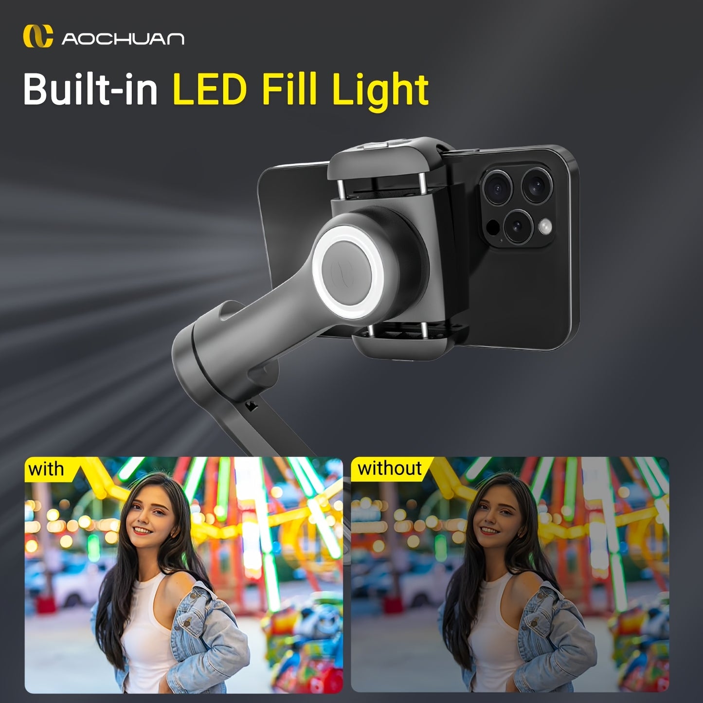 AOCHUAN Xpro Gimbal Stabilizer Dimensional Stability Anti-shake Can Be Handheld Desktop Tripod Reverse Charging Photography Mode with Fill Light LED Display Remote Control Face Follow Body Follow Gesture Control Self-timer VL