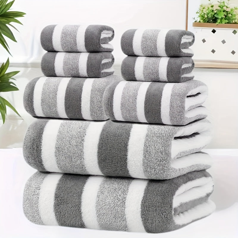 8pcs Set of Lint-Free, Super Absorbent And Super Soft Five-Star Hotel Standard Two-Color Striped Bath Towel Set, Including 2 Large Bath Towels, 2 Large Face Towels And 4 Hand Towels - Quick Drying | with Hanging Loop | Light