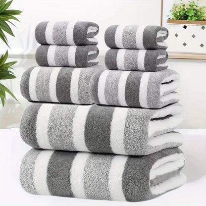 8pcs Set of Lint-Free, Super Absorbent And Super Soft Five-Star Hotel Standard Two-Color Striped Bath Towel Set, Including 2 Large Bath Towels, 2 Large Face Towels And 4 Hand Towels - Quick Drying | with Hanging Loop | Light