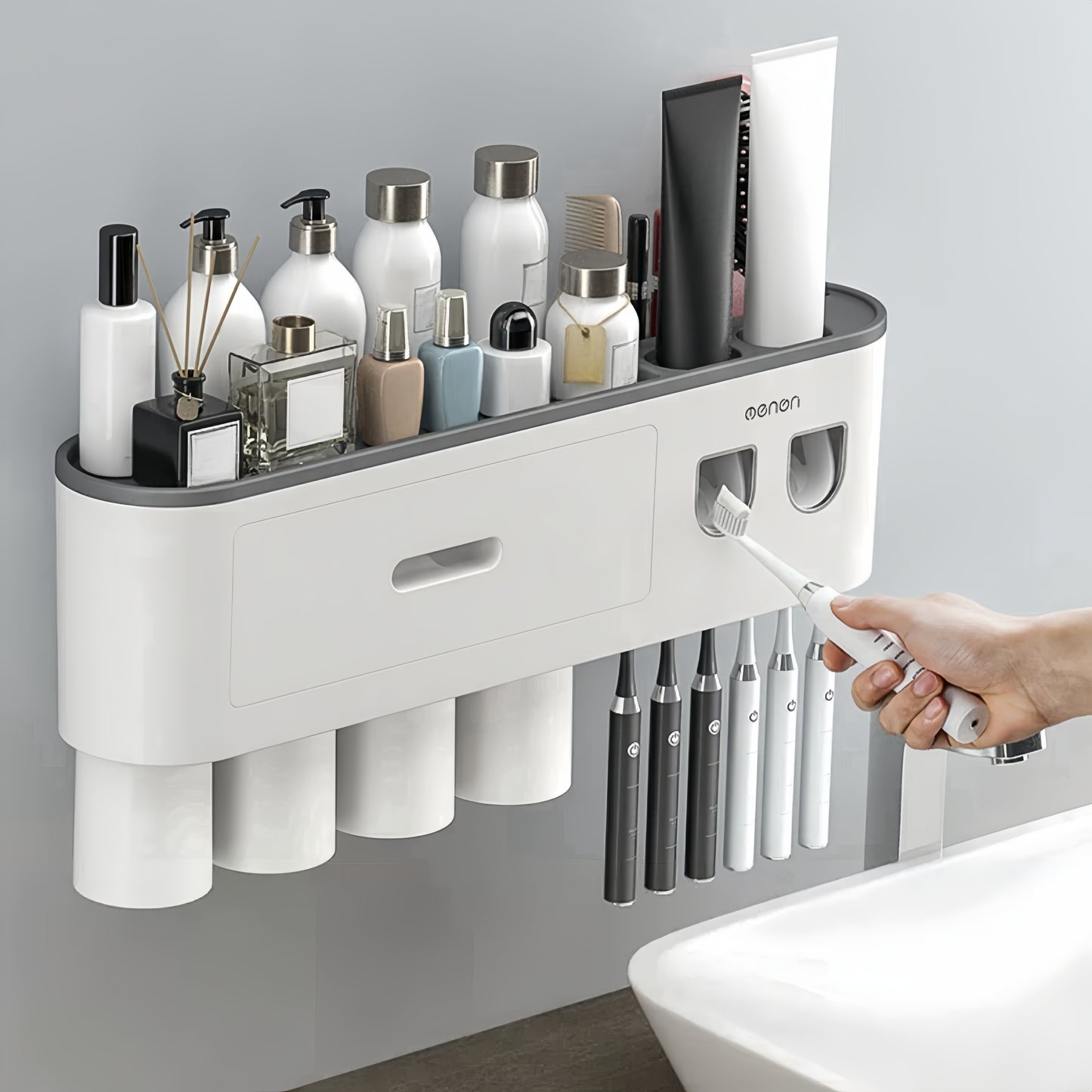 No Drill Adhesive Wall-Mounted Modern White Bathroom Organizer Set with 2-in-1 Magnetic Toothpaste Dispenser & Multi-Tier Storage Shelf - Space-Saving Over Sink Organizer with Suction Cup Hooks, Durable Plastic Construction f