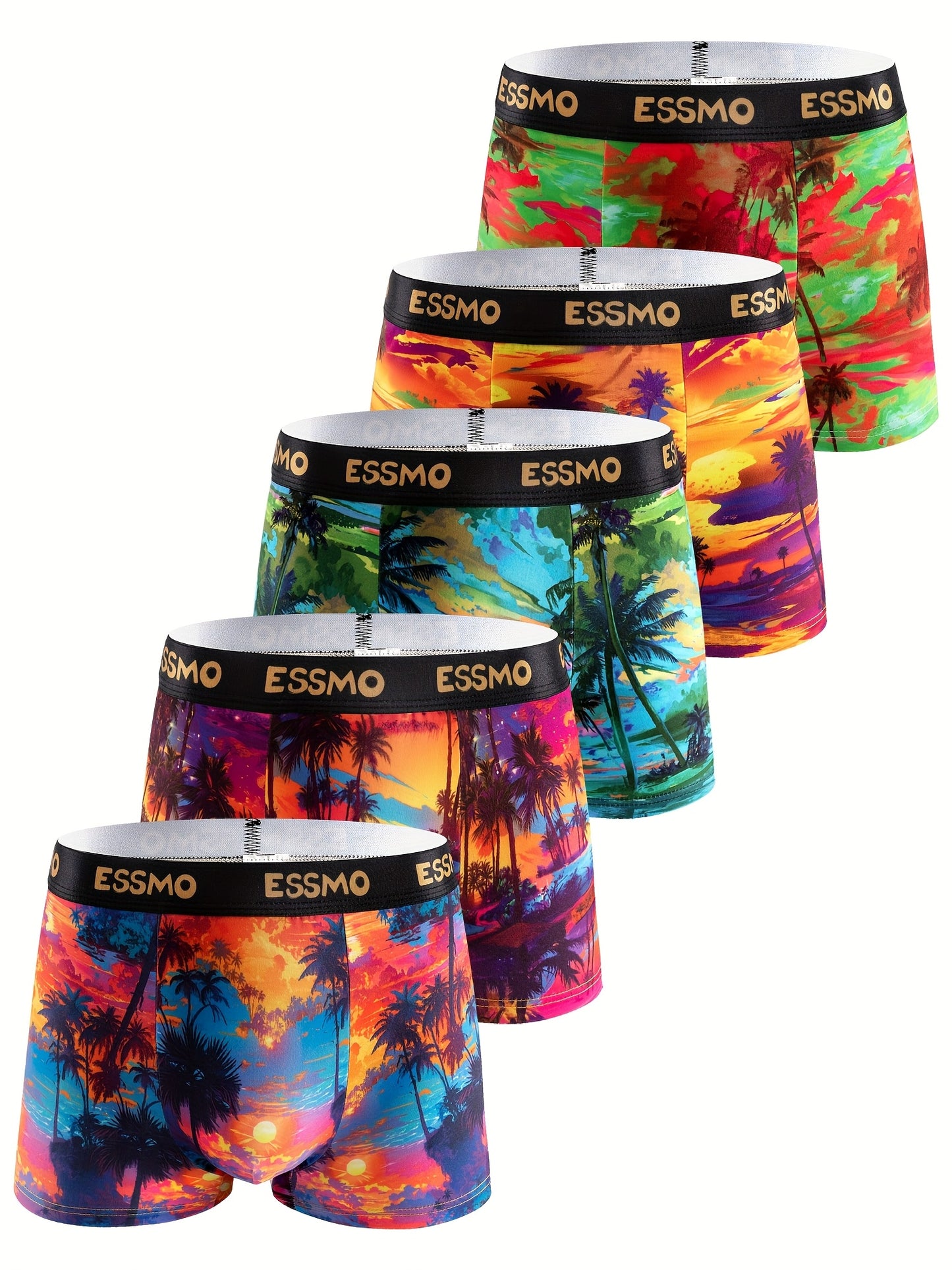 5pcs ESSMO Men'S Light Luxury Boxer Briefs - Vibrant Tropical Sunset & Palm Tree Design, Medium Stretch Fabric, Comfortable & Stylish Underwear, Relaxed Fit Boxers|Tropical Print Boxers|Stretchable Fabric