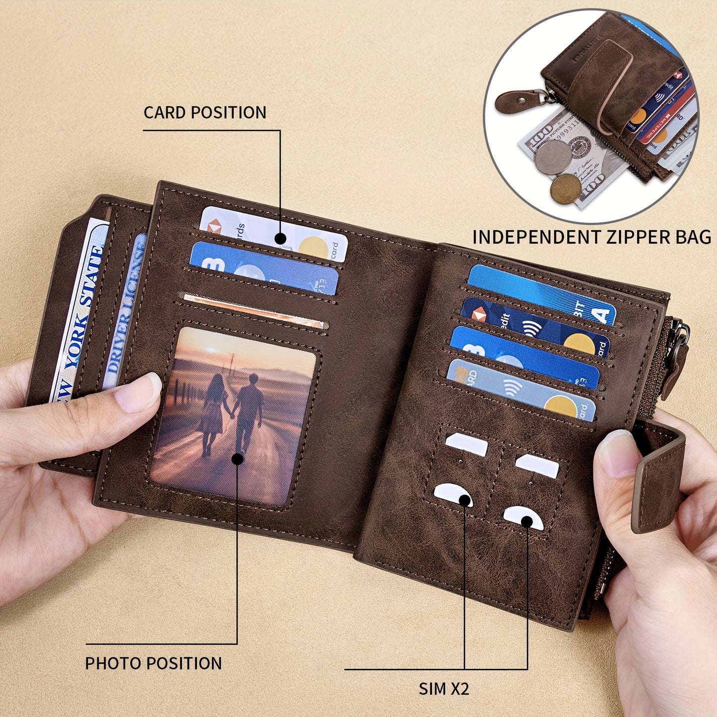 BANYANU Vintage Genuine Leather Wallet for Men - RFID Blocking, 17 Card Slots, Zippered Coin Pocket &amp; Independent Card Holder, Brown, Perfect Father'S Day Gift, Secure Card Storage | Vintage Wallet | Durable Zipper Closure, B