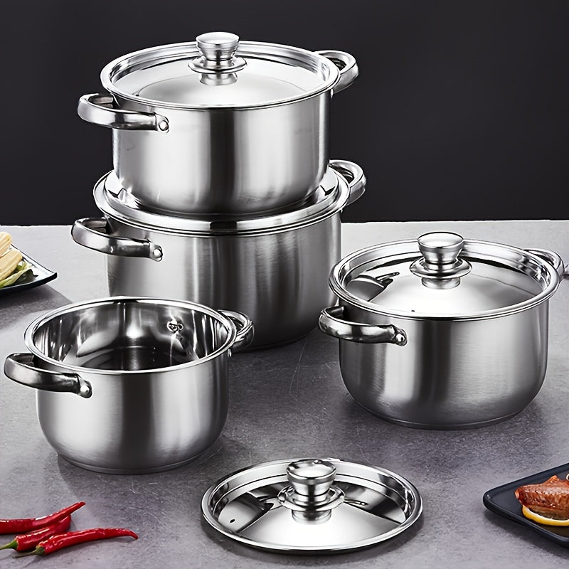 8pcs Stainless Steel Cookware Set, 4 Pots + 4 Lids, Non-Stick Surface Soup Pot, Suitable for Kitchen Use - Cooking Noodles - Seafood - Ramadan Essentials