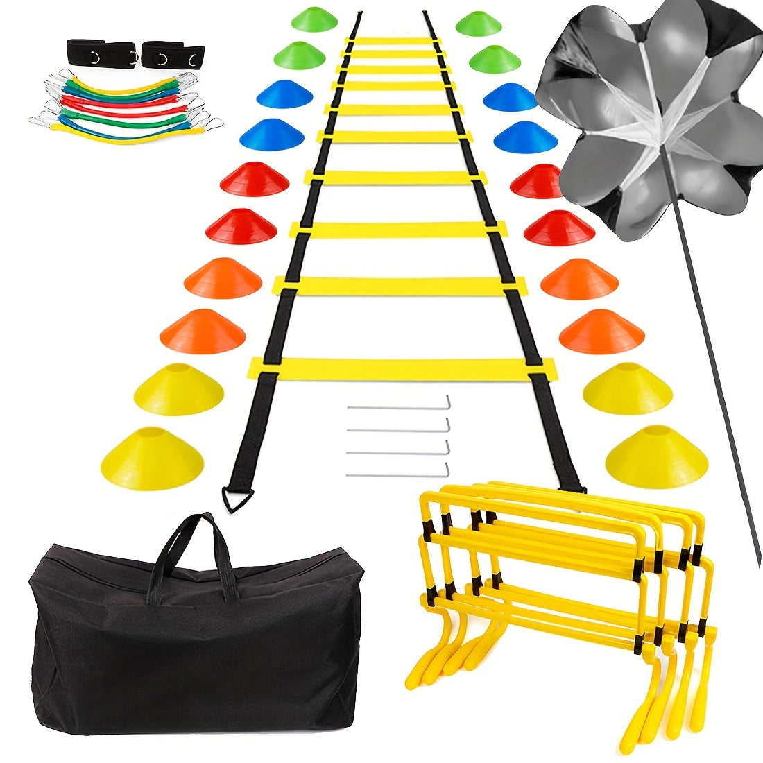 A Set Of Football Training with Agility Ladder, Cones, Adjustable Hurdles, Resistance Parachute, Bands & Large Bag. Perfect for Football, Basketball, Tennis, Baseball, Rugby & More. Ideal Gift for Speed, Agility & Strength Tr