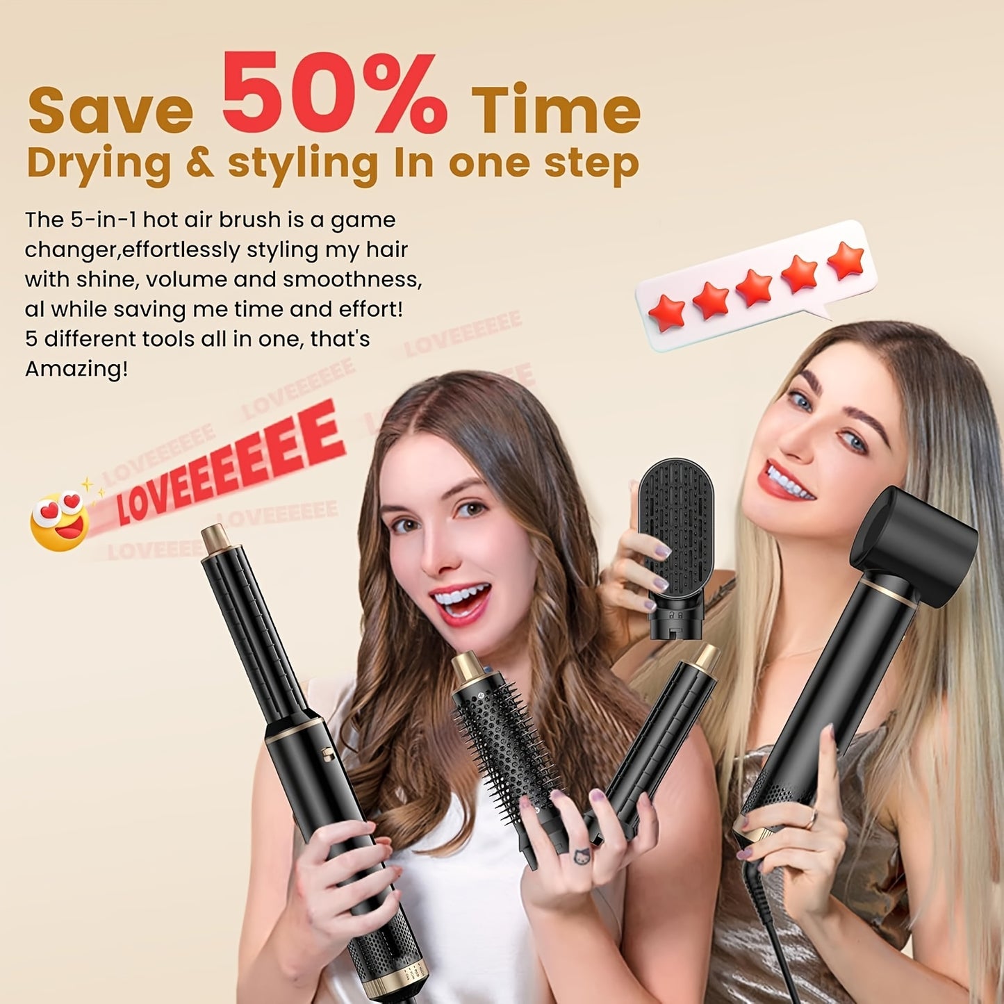 5-In-1 Hot Air Styler Brush – Electric Hair Straightener & Curling Iron with Interchangeable Attachments, Hot Air Brush for Wet Or Dry Hair, Hair Straightening Drying Curling Products