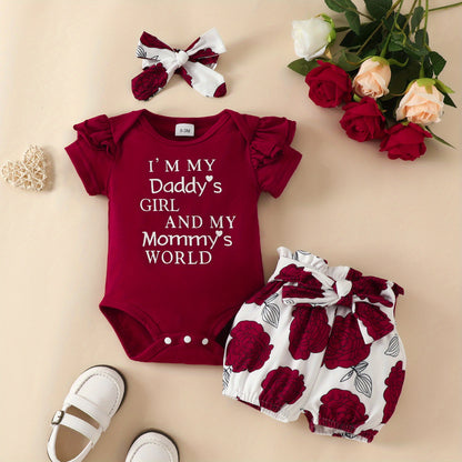 3pcs Short Sleeve &amp; Shorts Set for Newborns - "I'm Daddy's Girl" Letter Print Pants and Headband, Mommy's World Alphabet Kids' Outfit, Perfect for Outdoor