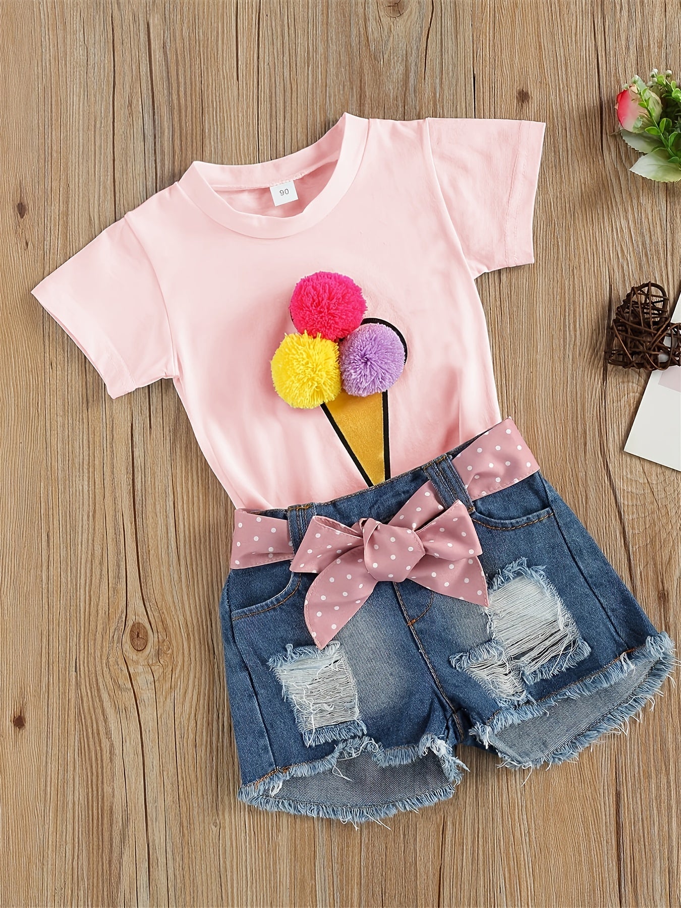 Adorable Girls' Ice Cream Print Short Sleeve Tee & Ripped Denim Shorts Set with Pink Bow Accent - Stretchy, Breathable Summer Outfit for Casual Wear, Perfect for Outdoor