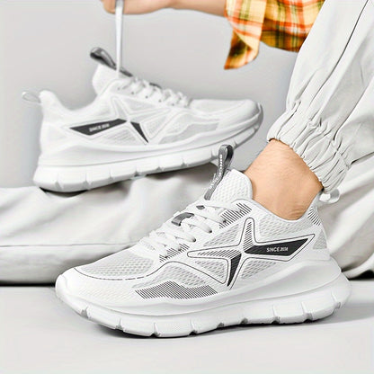 Men's Breathable Running Shoes - Lightweight Cross-Training Sneakers with MD Sole, White & Black Striped Low-Top Design for Gym, Jogging & Casual Wear, Sleek Sporty Look, Cushioned Comfort