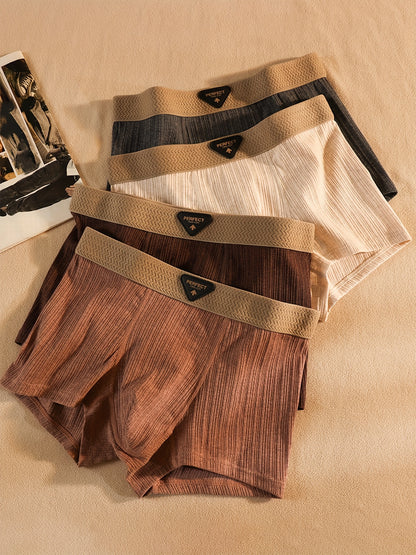 4pcs Men's Cotton Boxer Briefs - Breathable Soft Underwear with Elastic Waistband & Geometric Pattern, Multi-Color (Beige/Navy/Dark Grey/Light Brown) - Plus Size Youth & Adult Casual & Running Shorts - Machine Washable Light