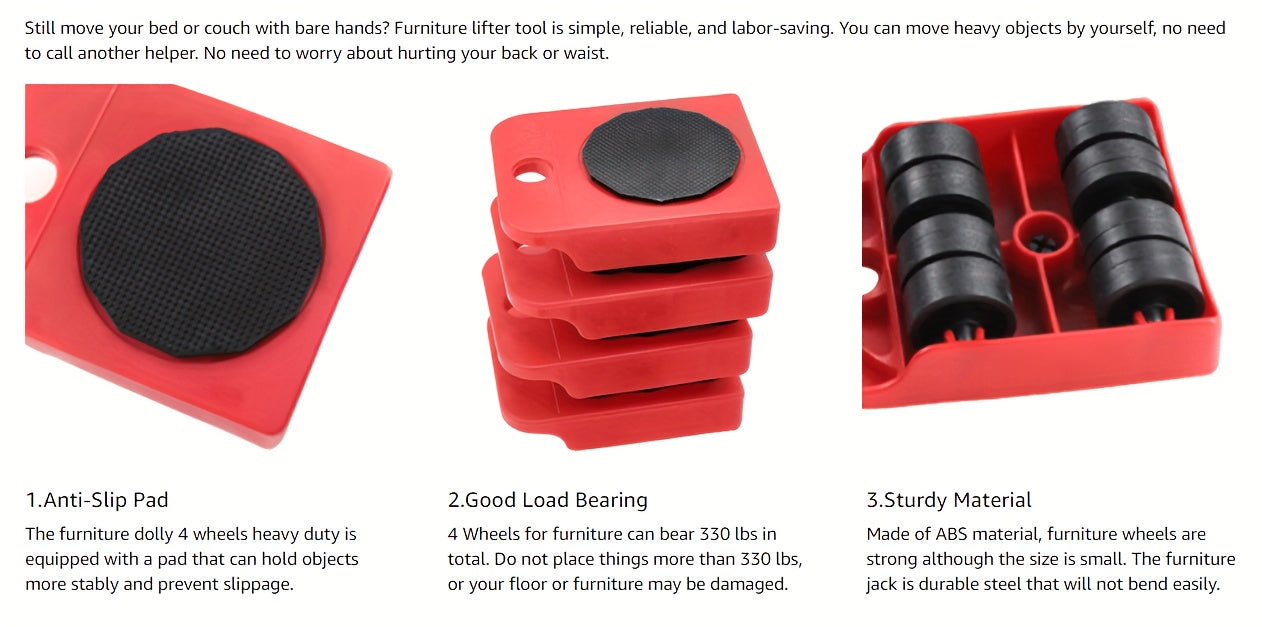 5pcs Heavy-Duty Furniture Moving System, Uncharged, No Battery Required, with Lifter Tool Set for Hardware Moving Tools