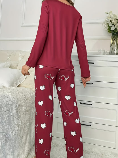Plus Size Casual Heart Print Round Neck Long Sleeve Pantsuit