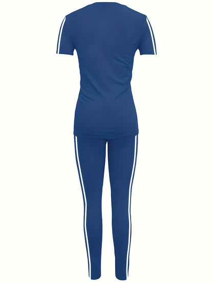 Women'S Casual Fashion Outdoor Sports Set, Double-Sided Striped Round Neck Short Sleeve Long Pants Two-Piece, Women'S Jogging Suit, Solid Color, Medium Stretch, Regular Sleeve, Crew Neck, Side Stripe, Pullover, Spring/Summer/