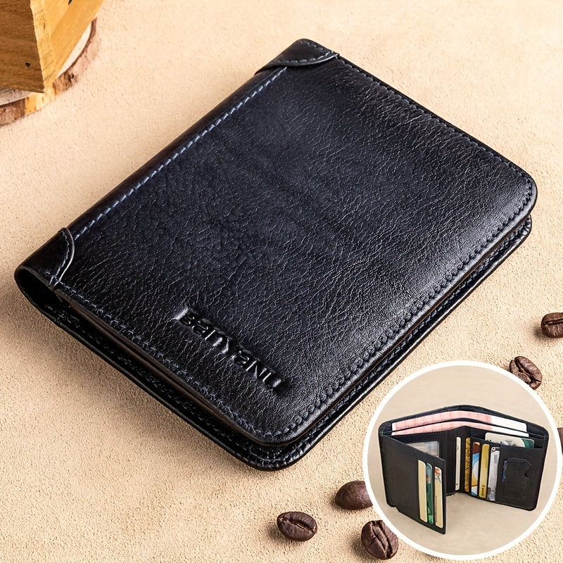BANYANU Men'S Genuine Leather Short Wallet - Brown, Casual Style, Three-Fold Design, Multiple Card Slots, Anti-Theft Protection, Durable & Stylish for Everyday Use, Secure Card Holder | Casual Wallet | Genuine Leather Wallet