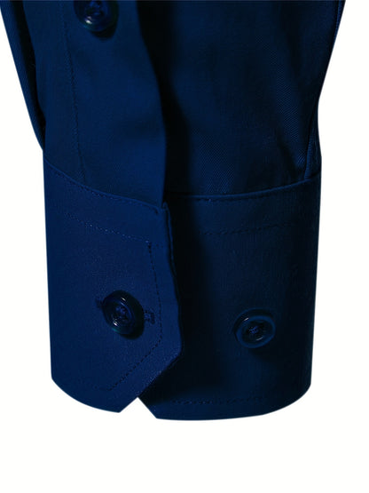 Camisola de homem de manga comprida com corte slim - 55% algodão, 40% poliéster, 5% elastano, cor lisa, para todas as estações, tecido plano, fecho com botões, gola de lapela, ideal para o fim de semana, 125 g/m²