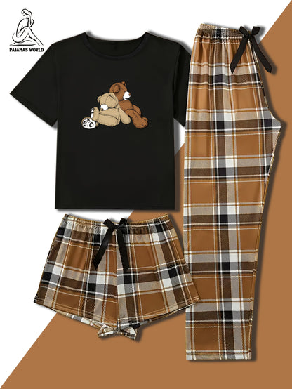Conjunto de pijama casual para mulher com estampado de urso e xadrez - Blusa de manga curta macia e larga com cintura elástica, calças compridas e calções, roupa de dormir aconchegante para o outono/inverno