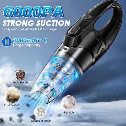 6000PA Car Vacuum Cleaner, Super Suction Power Handheld Vacuum with 2000mAh Battery, Low Noise, Includes 5 Accessories – Ideal for Car Interior Cleaning, Pet Hair Removal & Home Use, Women’s Auto Accessory Gift